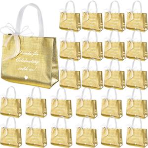 Amylove 50 Pcs Gold Return Gift Bags, 8"x4"x10" Thank You Gift Bags Reusable Wedding Welcome Tote for Guests, Christmas Housewarming Supplies with Handle for Guest Bridesmaid Birthday Party Favors