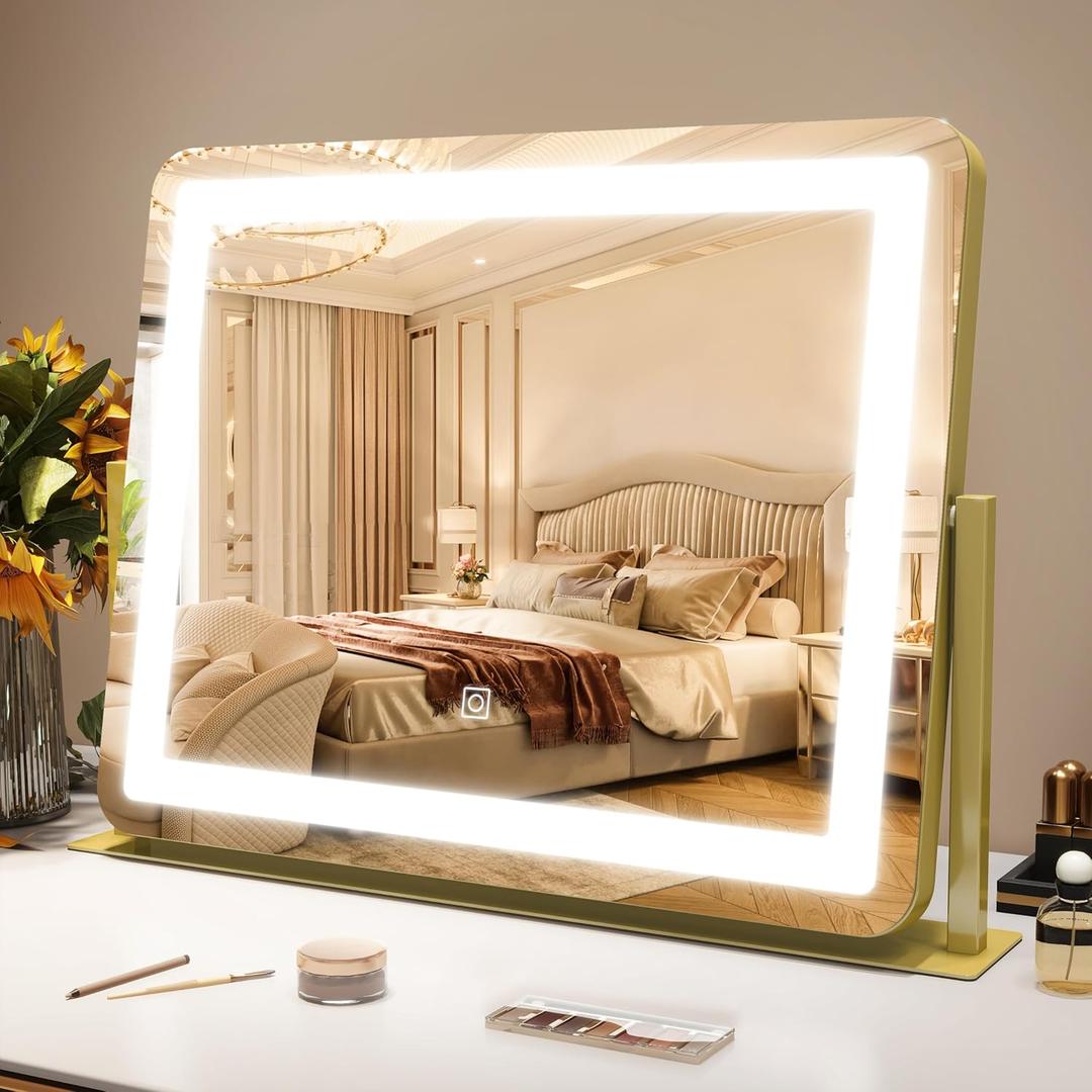 Gold Vanity Mirror with Lights - Smart Touch Dimming, 3-Color Lighting, 360 Rotatable Desktop Makeup Mirror for Desk, 22"x17"