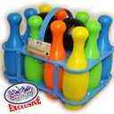 Matty's Toy Stop 10 Pin Multi-Color Deluxe Plastic Bowling Set for Kids with Storage Rack - 12 Pieces Total (10 Pins & 2 Bowling Balls)