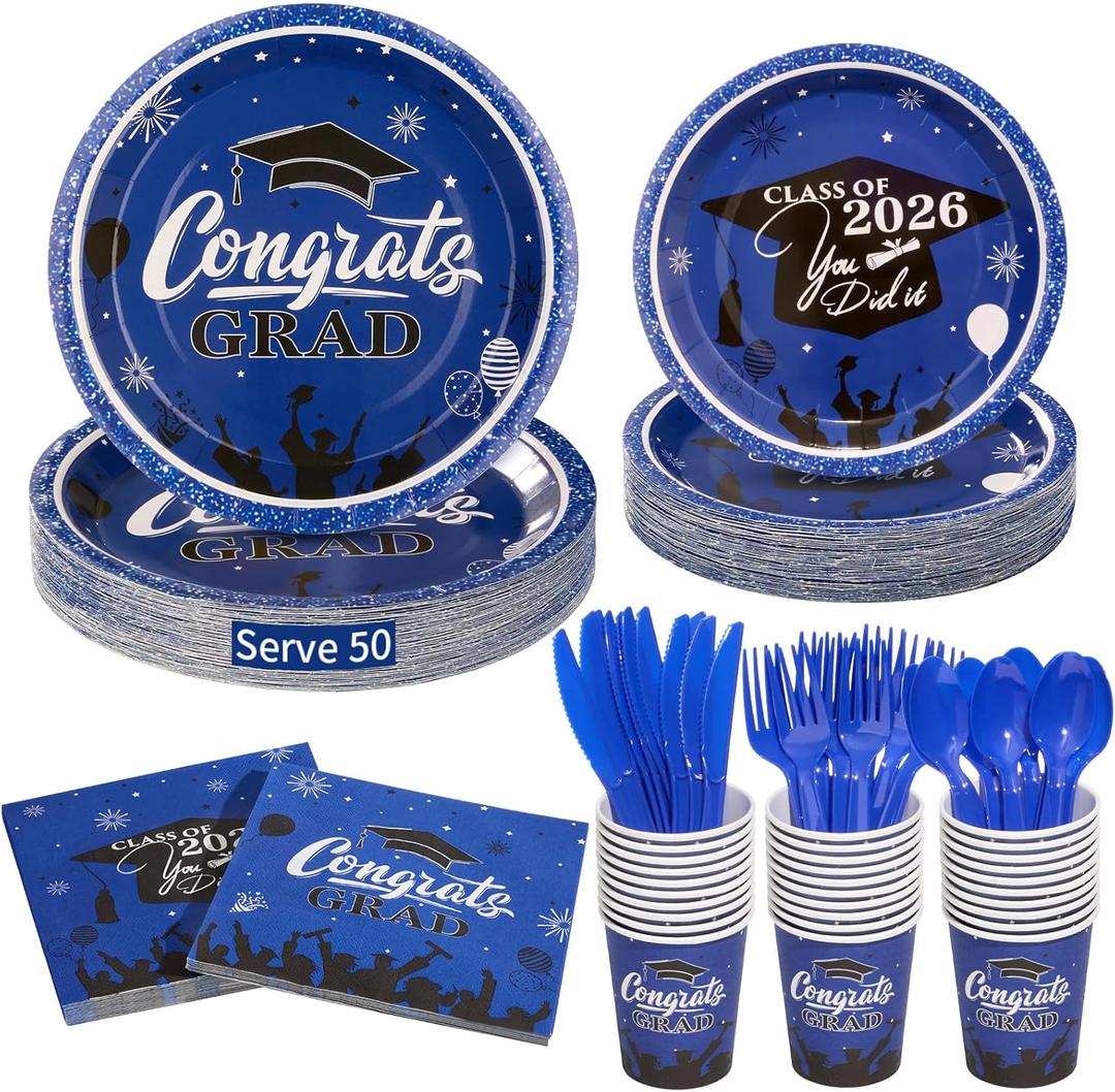 Goodluck Blue 2026 Congrats Grad Disposable Paper Tableware Sets, 350PCS Graduation Party Supplies Includes 9" & 7" Disposable Graduation Paper Plates, 9oz Cups, Napkins & Cutlery for 50 Guests