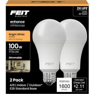 Feit Electric A19 100W Equivalent LED Light Bulbs, Dimmable, 3000k Bright White, 1600 Lumens, 22 Year Lifetime, E26 Base, CRI 90, UL Listed, Damp Rated, 2 Pack, OM100DM/930CA/2