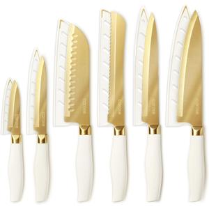 CAROTE 12PCS Kitchen Knife Set, Healthy Gold Titanium Coating Knife Set, Dishwasher Safe with 6 Blade Guards, Rustproof Stainless Steel Cutlery Set, White and Gold