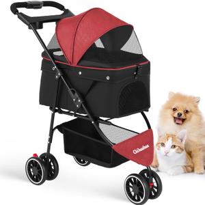 Pet Stroller,Dog Stroller for Small Medium Dogs Cats,3 Wheels,Foldable,with Breathable Mesh Canopy,Cup Holders,Easy Assembly,Red+Black