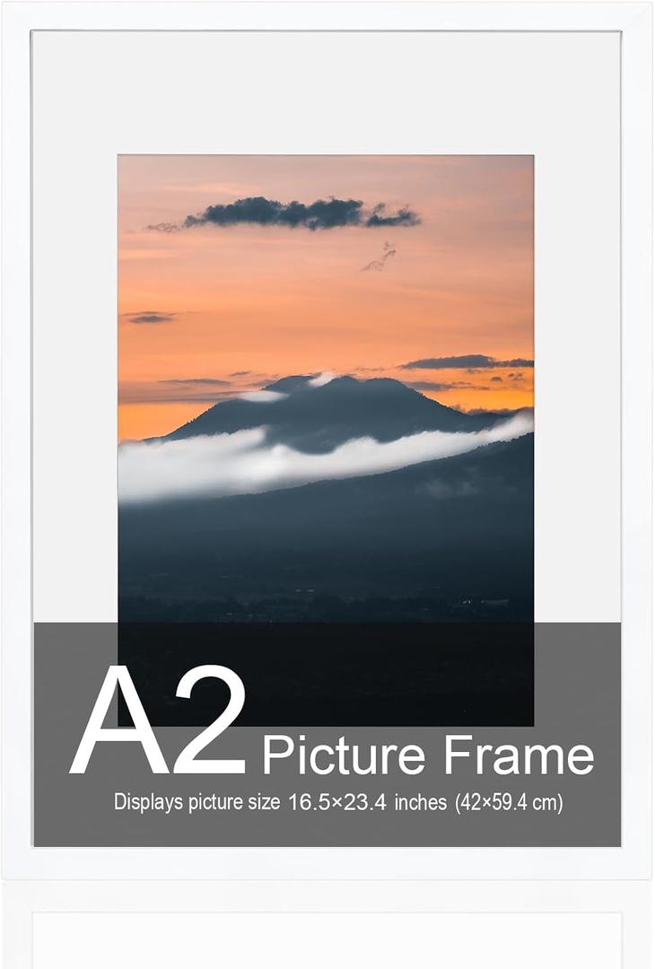 A2 Frame, 16.5 x 23.4 Frame A2 Picture Frame, Solid Wood White Poster Frame-Horizontal and Vertical Wall Hanging for Home, Exhibition, Cafe (White)