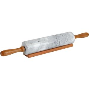 Home Basics White Marble Stone Rolling Pin with Easy Grip Wood Handles and Wooden Cradle Display Stand Heavy & Solid for Baking Bakery Donuts Cookie Pasta Pie Dough Pastry Fondant Chefs