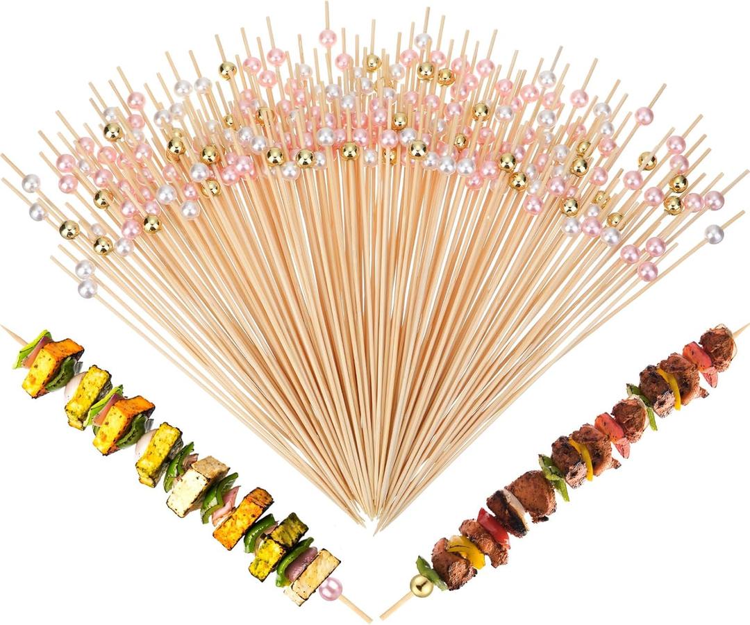 100 Pcs 8 Inch Long Cocktail Picks Fancy Toothpick for Appetizer Bamboo Cocktail Stick for Fruit Drink Dessert Barbecue Charcuterie Pearl Skewer for Wedding Birthday Baby Shower Party (Colorful)