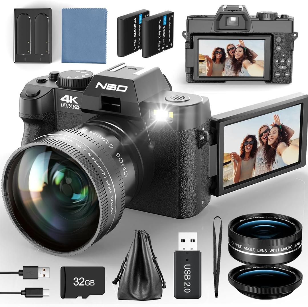 48MP Digital Cameras for Photography with WiFi & App Control,4K Autofocus Vlogging Camera for YouTube with 16X Zoom, Anti-Shake, 32GB TF Card, Dual Batteries, 52mm Wide Angle & Macro Lens (S100-WM)