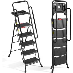 HBTower 5 Step Ladder, Folding Step Ladder with Handrails & Tool Tray | Step Ladder with Wide Anti-Slip Pedal for Home and Kitchen, 330lbs