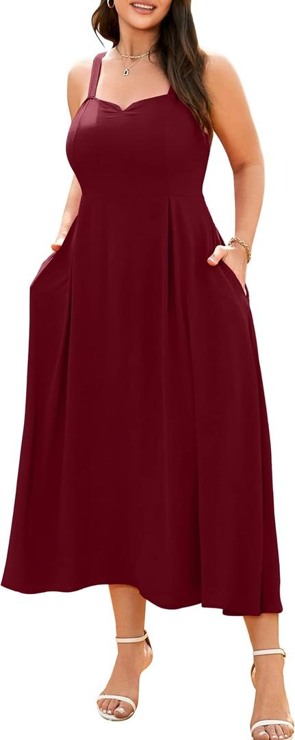 RWJ Women's Plus Size Dresses with Pockets V-Neck Sleeveless Maxi Dress for Wedding Guest Dress Formal Cocktail (XL)