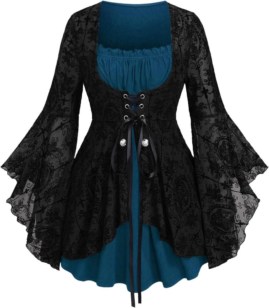 ROSE GAL Women Plus Size Gothic Costume Top Ruffles Flower Lace Up 2 in 1 Bell Sleeves T-Shirt Renaissance Fairy (Blue_6/ 2X)