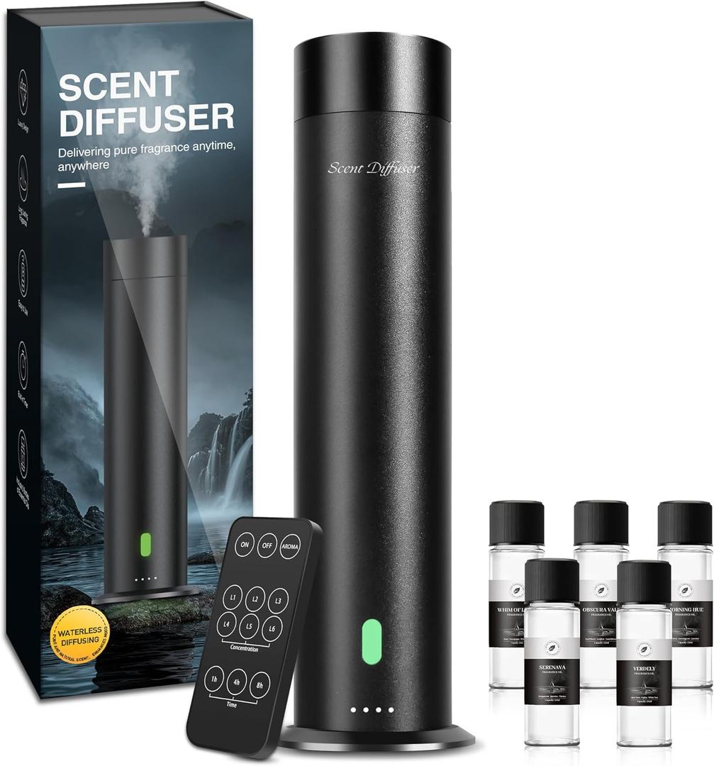 Waterless Diffuser Starter Kit with 5 Scent Oils - Cold Air Diffuser Machine for Home, Hotels and Large Room, 1000 Sq.Ft Coverage Hotel Scent Essential Oil Diffuser, Remote Control, 4.05 Oz, Black