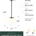 LMS 10 Inch Globe Pendant Lights, Matte Black Mid Century Kitchen Island Light Fixtures with White Globe Glass Shade, Adjustable Hanging Rod, Bar Kitchen Bedroom, LMS-186PL-BKW-10