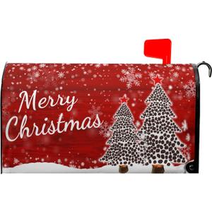 Merry Christmas Tree Winter Snowflake Pine Mailbox Covers Magnetic Standard Size 25.5" X 21",White Snow Red Mailbox Wraps Post Letter Box Cover for Holiday Garden Yard Decor