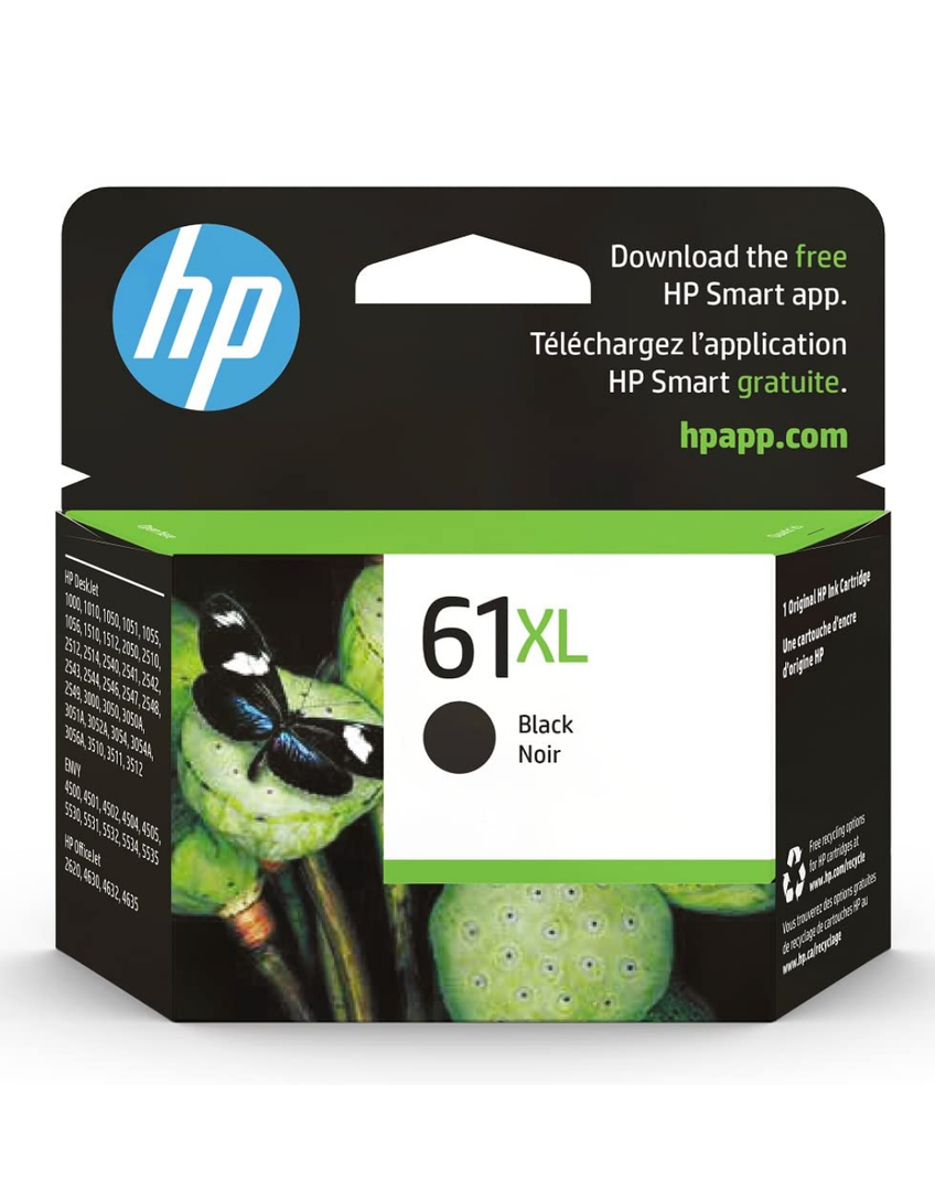 HP 61XL Black High-yield Ink | Works with DeskJet 1000, 1010, 1050, 1510, 2050, 2510, 2540, 3000, 3050, 3510; ENVY 4500, 5530; OfficeJet 2620, 4630 Series | Eligible for Instant Ink | CH563WN