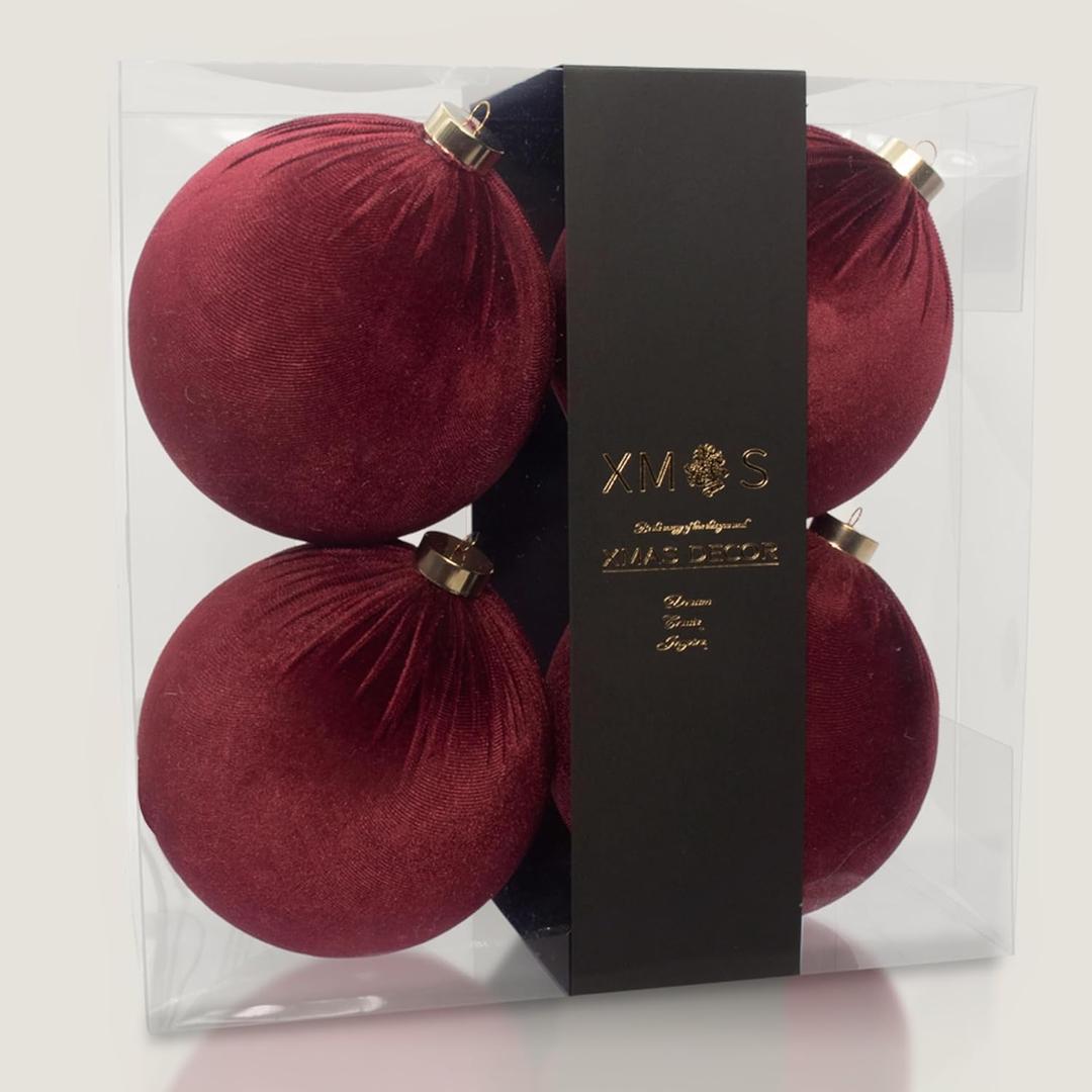 4PCS Red Velvet Christmas Ornaments Set  6 Inch Large Flocked Shatterproof Baubles for Xmas Tree Decoration, Hanging Ornaments for Holiday & Home Dcor (Burgundy Red, 6 Inch / 15 cm)