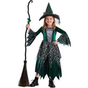 Wicked Witch Costume for Girls - Halloween Dress with Hat, Child Witches Outfit for Cosplay, Dress-Up & Party (8-10 Years)