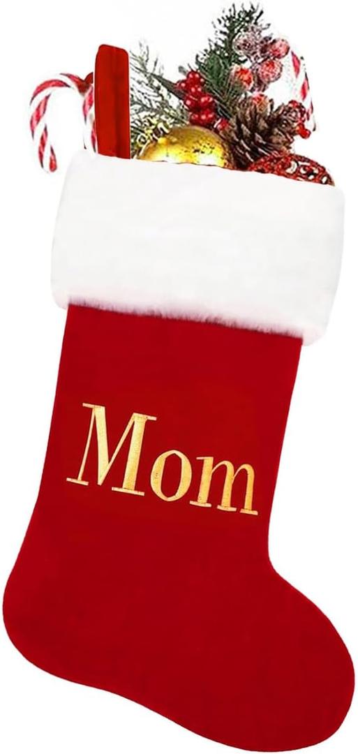 Christmas Stockings Red Velvet Monogram Stocking Family Set with Dad and Mom Design (Letter Mom)