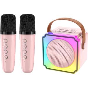 EFAILY Karaoke Machine for Kids, Christmas Birthday Gifts Toys Portable Bluetooth Speaker with 2 Wireless Microphones, Mini Karaoke Machine with LED Light for 4-12+ Years Old (Pink)