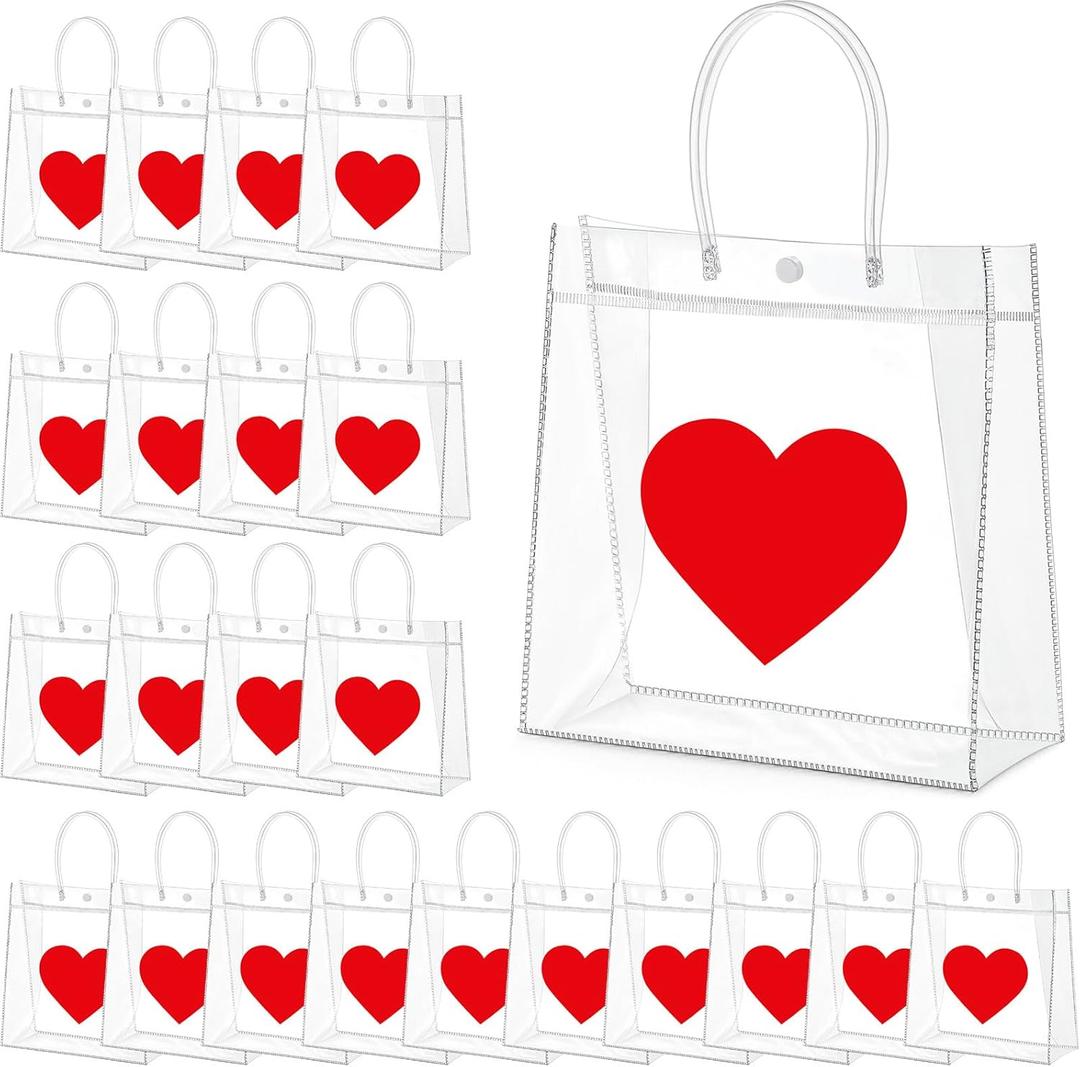 Kolldenn 12 Pcs Mother's Day Heart Gift Bags Bulk  Clear PVC Bags with Handle, Reusable Treat Tote for Mother Women Weddings Birthdays Anniversaries Party Favors (Red, 9.84"x 9.84"x 3.54")