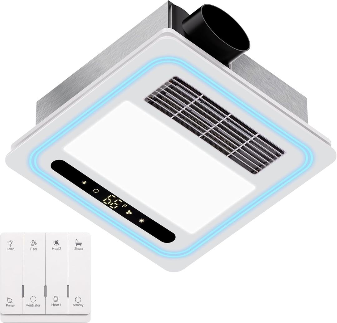 4 in 1 Bathroom Exhaust Fan with Heater, 190 CFM Bathroom Exhaust Fan with Light, 1800W Heating Power, 1.0 Sone Bath Fan with Light, Heating, Ventilation, Remote Control, UL Listed