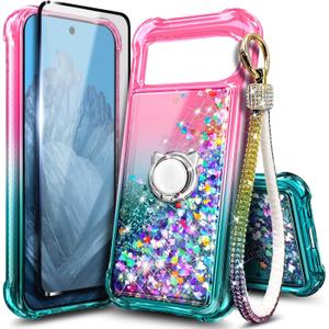 Compatible with Google Pixel 10/10 Pro Case, Pink/Aqua | Bling Sparkly Glitter Liquid Cute Phone Cover for Women Girl with Screen Protector/Ring Holder/Diamond Wrist Strap Lanyard