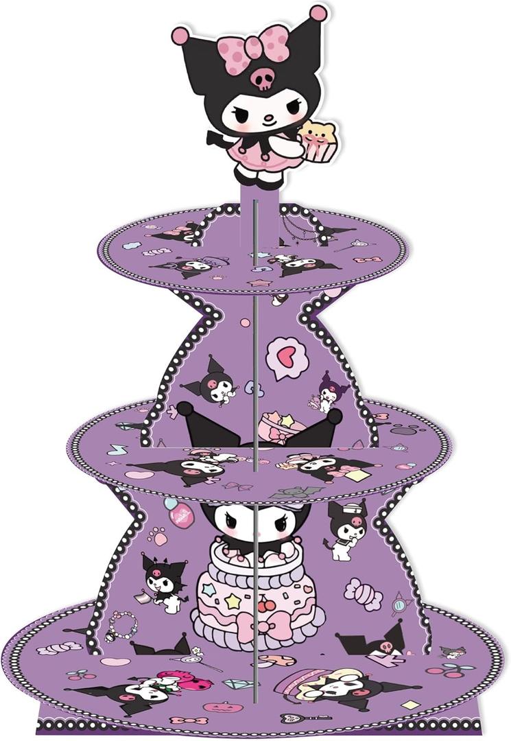 Kawaii Cartoon Birthday Decorations, Purple Cupcake Stand Party Supplies, 3 Tier Paper Cupcake Holder, Dessert Display Stand for Birthday Party Decoration