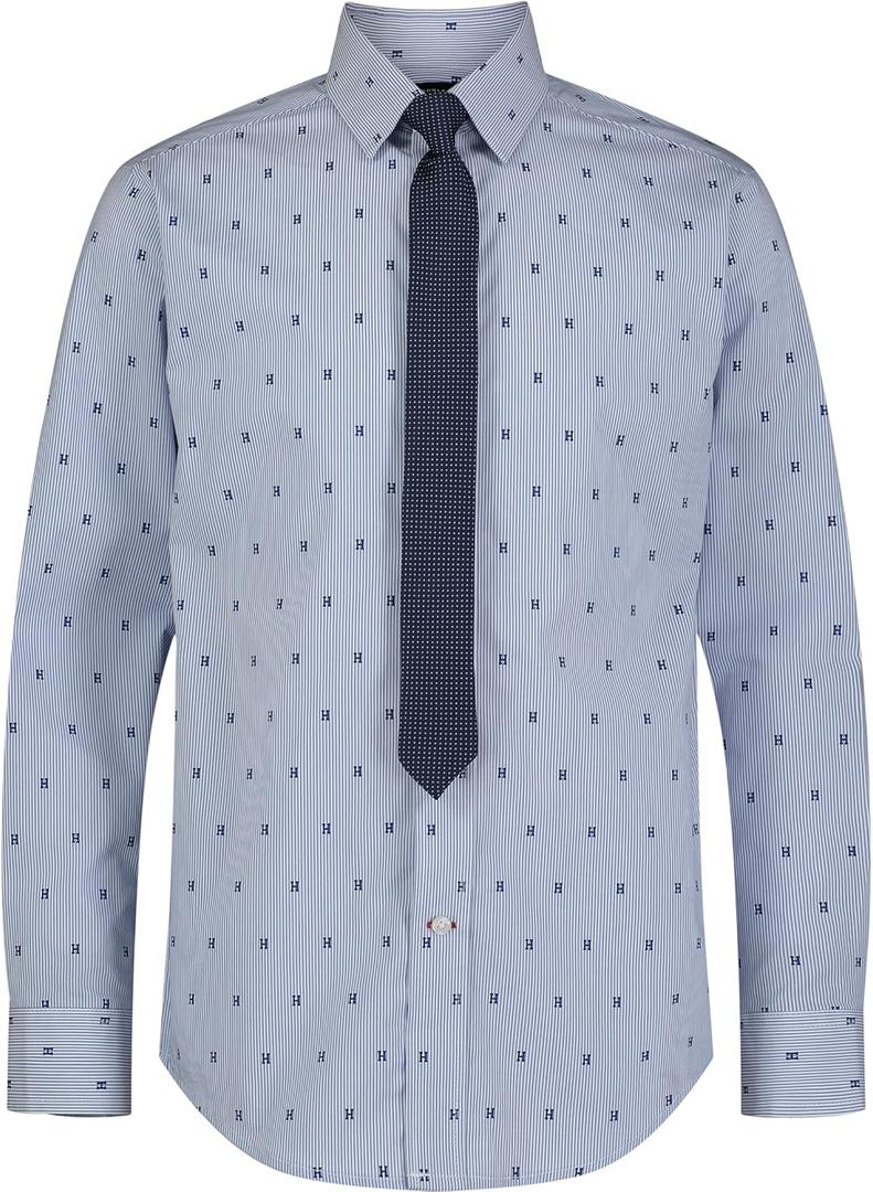 Tommy Hilfiger Boys' Long Sleeve Dress Shirt with Straight Tie, Collared Button-Down with Cuff Sleeves (12, Blue)