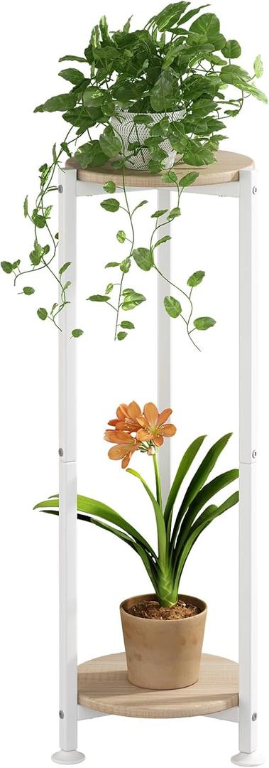 YIZAIJIA Plant Stand Indoor Corner Tall 2 Tier Metal Modern Flower Storage Plant Shelf Holder for Living Room Balcony Garden,White (2 Tier-White Round)