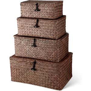 Woanger Set of 4 Wicker Storage Baskets OrganizerHandwoven Storage Bins with Lid for Organizing, Home Utility Box for Home Office Supplies Multipurpose Container(Coffee)