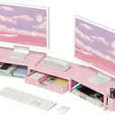 OPNICE Wood Desk Organizers and Accessories, Dual Monitor Stand Riser with Drawer and 2 Pen Holders, Desk Shelf Computer Racks for Office Workspace Organizers, Desktop Organization (Pink)