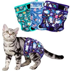 Paw Legend Cat Diapers for Female Cats Spraying Washable Reusable Kitten Diapers for Cats Incontinence Pet Diapers (3 Pack, Medium) (Space Cat Pattern)
