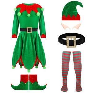 XJDABXD Elf Costume for Girls Christmas Holiday Dress Up Outfit Santa Little Helper Suit Hat Ear Belt Socks Cosplay Set (Green, 90cm)