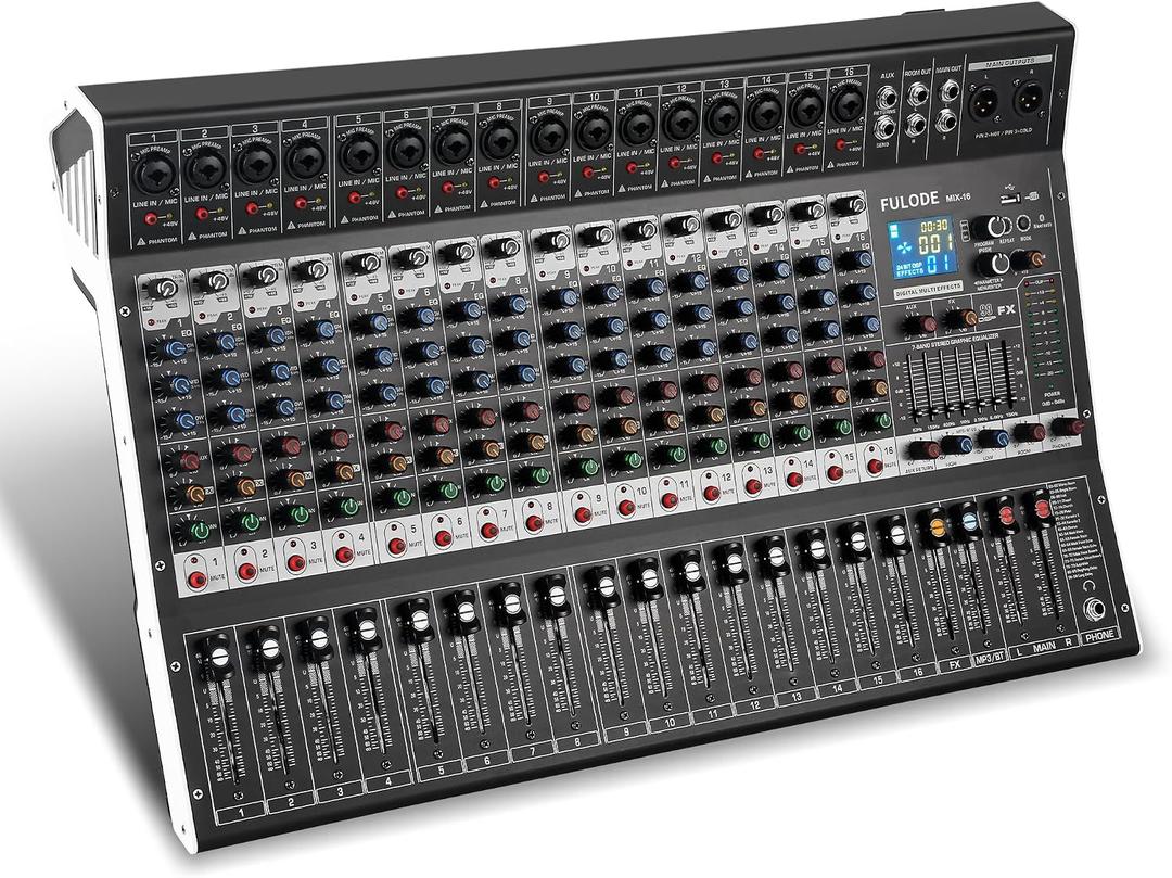 16-Channel Audio Mixer with 99 DSP, Professional Audio Console Digital Sound Music Mixing Board DJ Mixer w/USB Input Bluetooth MP3 48V Power Supply Mute Function for Studio Live Performance