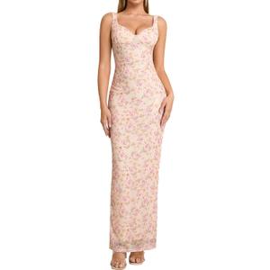 HTZMO Womens Floral Bodycon Formal Wedding Guest Maxi Dress | Fall Bride Shower Party, Elegant V Neck Long Dresses, Soft Stretchy Mesh Fabric, Winter 2026 (L)