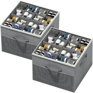 Aokeyee Shoe Organizer for Closet,2 Pack Foldable Shoe Storage Organizer Box Bin with Adjustable Dividers and Clear Cover, Fits up to 16-32 Pairs