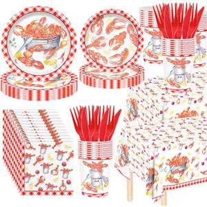 146Pcs Crawfish Boil Party Supplies Include Tableware-Plates-Napkins-Cups-Forks-Knives-Tablecloth for Seafood Boil Party Supplies Serves 24