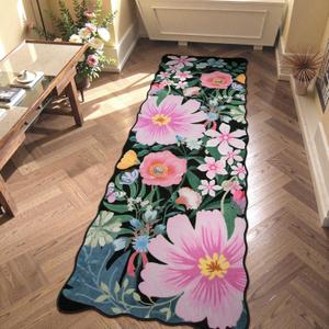 2x6 Floral Boho Runner - Black Non-Slip Washable Rug, Scalloped Flower Carpet for Hallway Bathroom & Entryway
