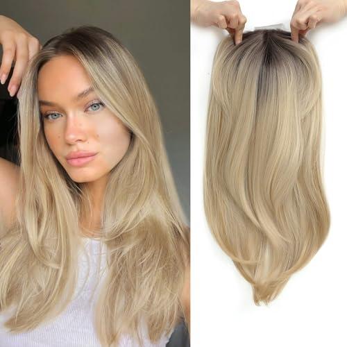 Molefi Hair Toppers for Women with Thinning Hair,18 Inch Long Layered Topper, Add Volume Synthetic Wiglets Pieces For Women 6.5"x6.5" Large Base for Daily Use (Ombre Blonde with Dark Root)