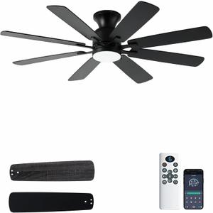KNUN 52 Inch Ceiling Fan with Light,Low profile Ceiling Fans with Remote Control or App Control, 8 Blades, Noiseless, DC Motor, Flush Mount Ceiling Fan for Bedroom,Living Room, Indoor/Outdoor Black