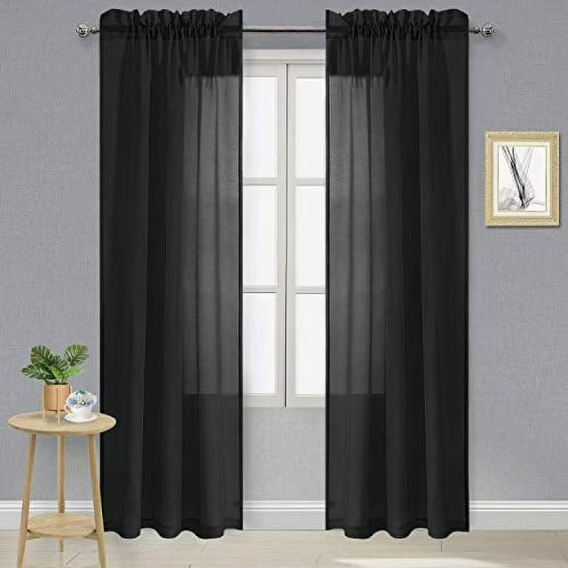 DWCN Black Sheer Curtains Semi Transparent Voile Rod Pocket Curtains for Bedroom and Living Room, 42 x 84 inches Long, Set of 2 Panels