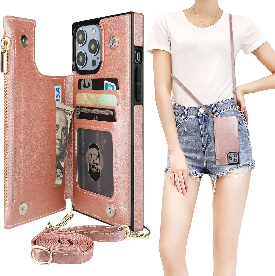 Bocasal Crossbody Wallet Case for iPhone 14 Pro Max with RFID Blocking Card Slot Holder, Magnetic Flip Folio Purse Case, PU Leather Zipper Handbag with Detachable Lanyard Strap 6.7 Inch 5G (Rose Gold)