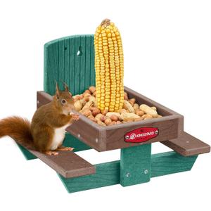 Kingsyard Squirrel Feeder Table for Outside, Recycled Plastic Squirrel & Chipmunk Picnic Table Feeder with Corn Cob Holder, 2 x Solid Structure Benches, Easy to Clean