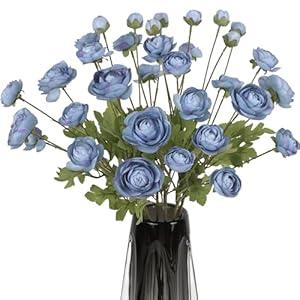 ICBOX Ranunculus Flowers Artificial 8PCS 32 Heads Blue Silk Flowers Faux Ranunculus Asian Buttercup Ranunculus Fake Flower Long Stems for Home Decor Indoor DIY Floral Wedding Table Centerpiece (Blue)