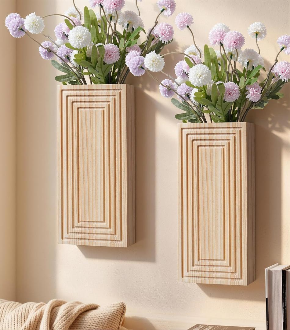 Wooden Wall Planter Vase,2 Pack Natural Wood Hanging Planter for Indoor Fake Plants Modern Boho Farmhouse Wall Art Decor for Home Kitchen Modern Farmhouse Bathroom Living Room Dining Room