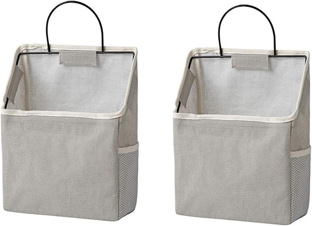 2 Pcs Wall-Hanging Storage Bags, Desktop Organizer Basket Cotton Linen Hanging Storage Basket for Kitchen,Bderoom,Living Room (#2 Grey)