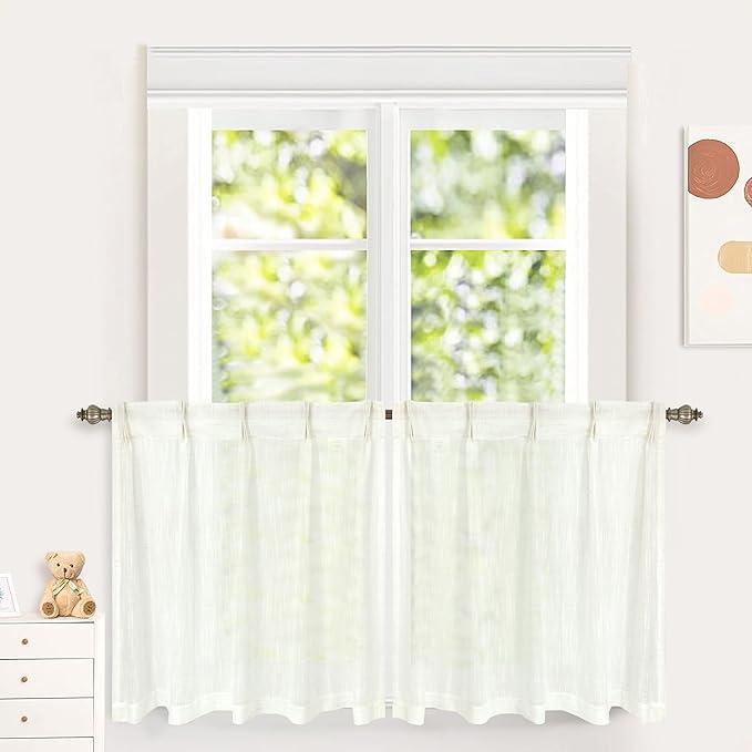 DriftAway Pinch Pleat Kitchen Curtains Linen Textured Short Cafe Linen Curtains for Bathroom Laundry Room Half Window 2 Panels Farmhouse Rustic Back Tabs 30 x 36 Inches Ivory Birch