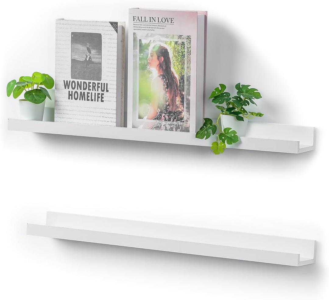24 inch Long Shelf for Wall: White Wall Book Shelves for Bedroom Kids - Narrow Floating Shelves for Picture Photo, White