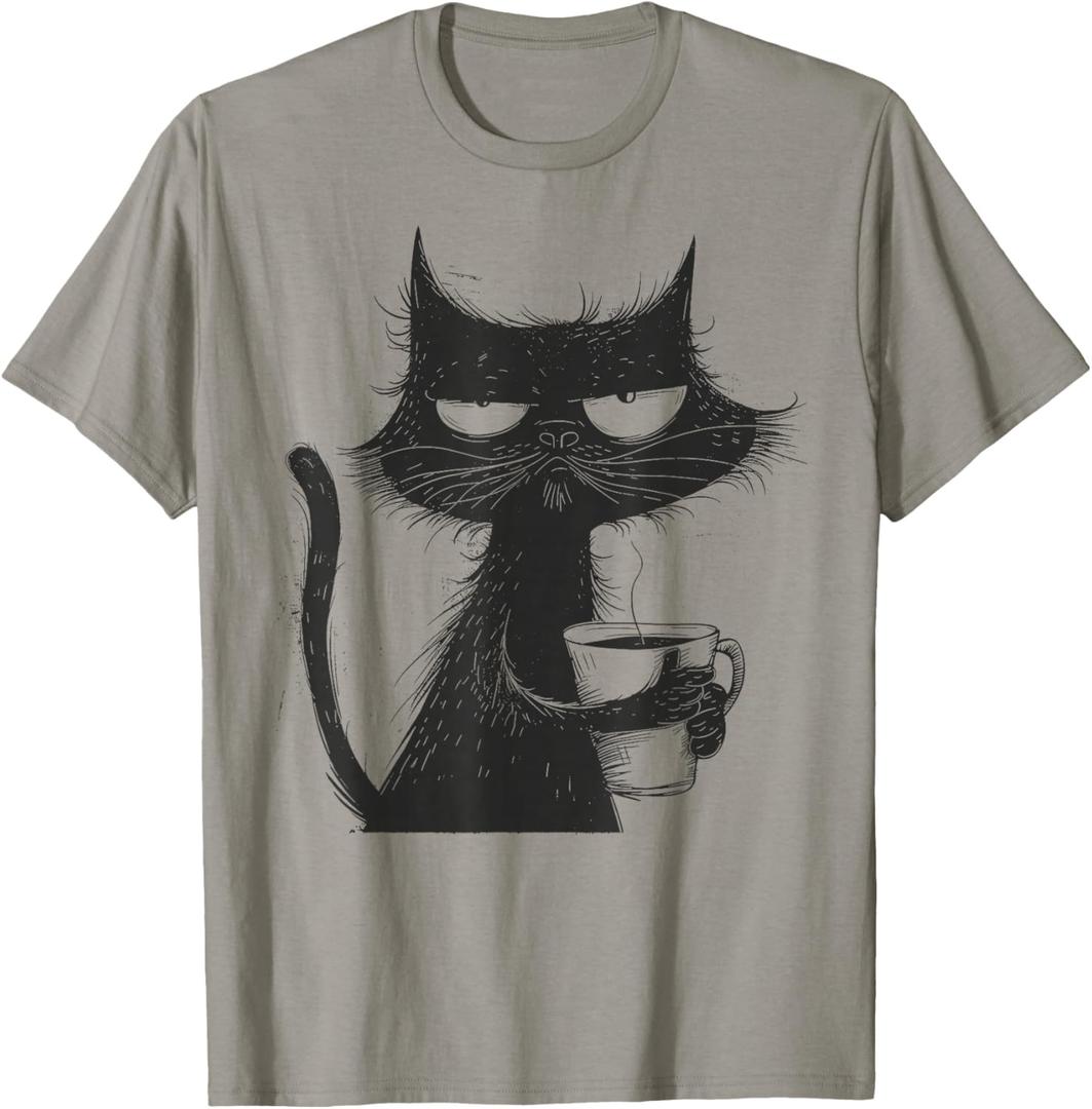 Funny Angry Cat with Coffee Mug Graphic T-Shirt, S