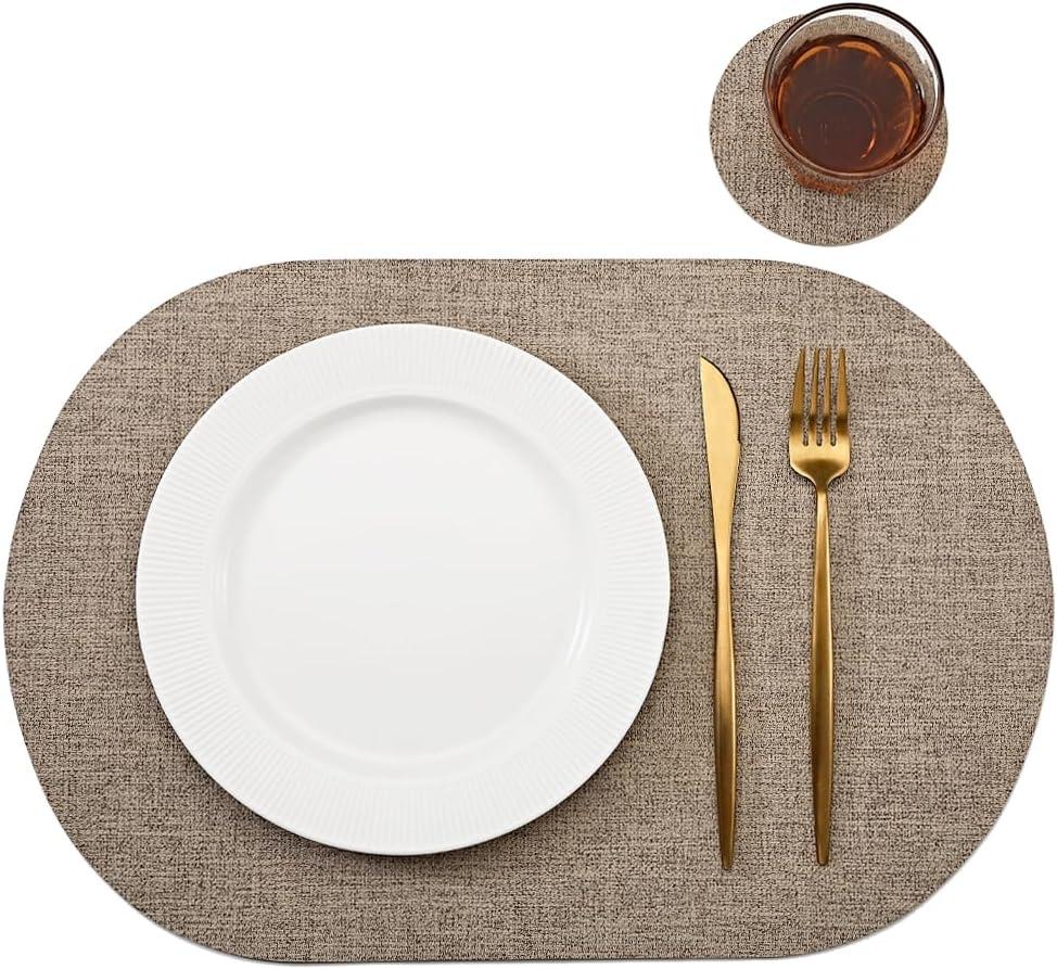 Oval Table Mats Set of 6, Faux Leather Placemats, Heat Resistant & Waterproof(Brown)