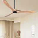 Ceiling Fan No Light, 52 Inch Modern Solid Wood Ceiling Fan with Remote, Quiet DC Motor, Flush Mount Low Profile Indoor or Covered Patio Ceiling Fan for Bedroom Living Room, Natrual Wood